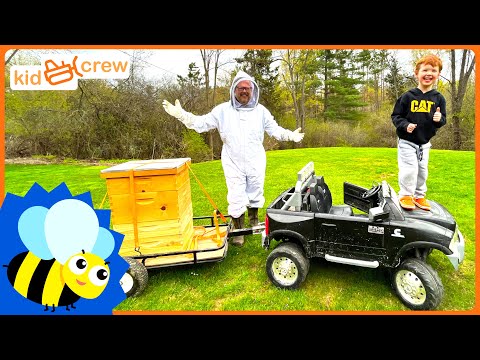 Caring for honey bees with ride on truck and trailer. Educational how beehives work | Kid Crew