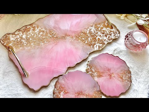 Gorgeous Pink &amp; Gold Resin Tray and Coaster Set