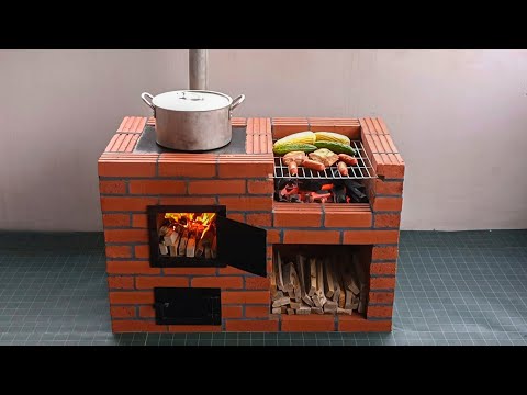 Outdoor wood stove from red brick and cement