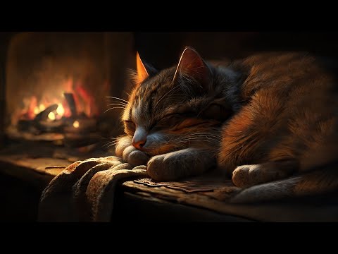 Fall asleep to the Purring of a Cat &amp; Fireplace 🔥 Relax in Cozy Winter Hut, Fireplace sound