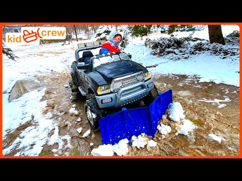 Plowing snow with power wheels truck, winter storm cleanup, and shoveling. Educational | Kid Crew