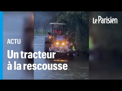 Crues : dans un village inond&eacute; en Dordogne, des enfants prennent le tracteur pour aller &agrave; l'&eacute;cole