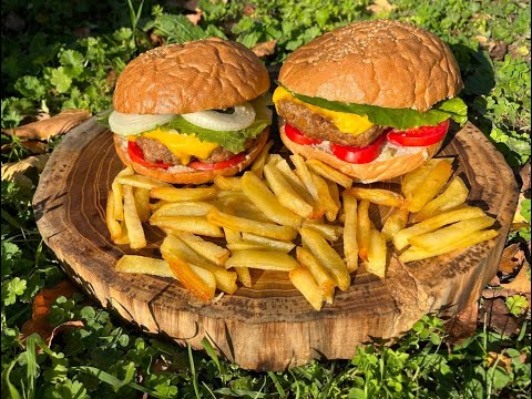 American burger king with beef and outdoors (ASMR Cooking Camping 4k)