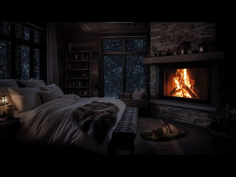 The ambiance felt from the window of the cabin on a cold snowy winter day | Cabin fireplace ambience