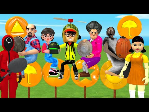 Scary Teacher 3D vs Squid Game Who Jump Fly Hat Target honeycomb candy Level Max 5 Times Challenge