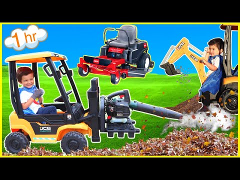 Landscaping compilation with kids ride on tractor, lawn mower, forklift, excavator, and tow truck