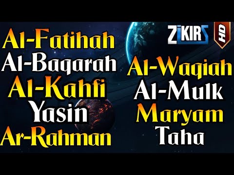 Surah Al Fatihah, Al Baqarah, Al Kahfi, Yasin, Ar Rahman, Al Waqiah, Al Mulk, Maryam, Taha, 4 Quls