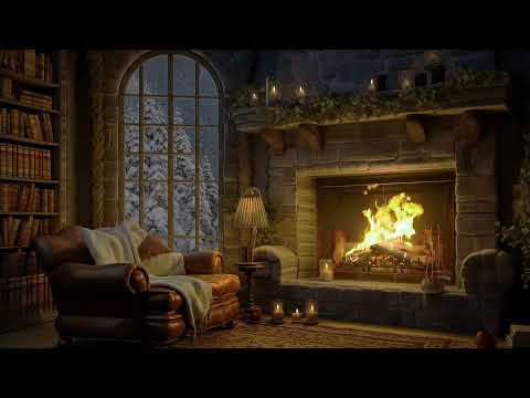 Crackling Fireplace Ambience Sounds 🔥 Cozy Cabin Ambience | Soft Jazz Music, Blizzard for Sleep 🔥