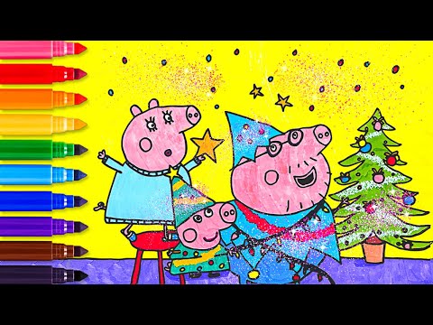 EASY! How To Draw and Color Christmas Photo for Lovely Pigs Family! 🎨🐷