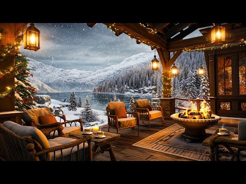 Cozy Winter Porch Ambience ⛄ Warm Piano Jazz Music and Crackling Fireplace on a Snowy Day for Relax