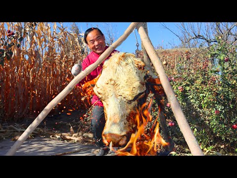 Huge Bull HEAD Burnt Till Golden! Stone Pressed over Night to Make It Chewy! | Uncle Rural Gourmet