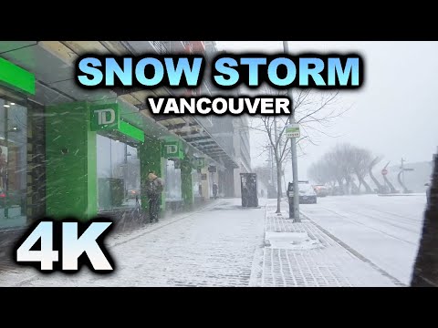 [4K]  Snow Storm  Vancouver Olympic Village  Heavy Arctic Snowy Wind - Walk Canada British Columbia