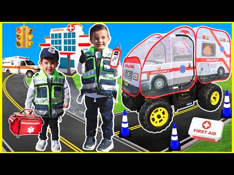 Ambulance rescue team saving toys in kids power wheels emergency rescue vehicle for toddlers