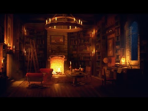 Ancient Library Room - Relaxing Thunder &amp; Rain Sounds, Crackling Fireplace for Sleeping for  Study