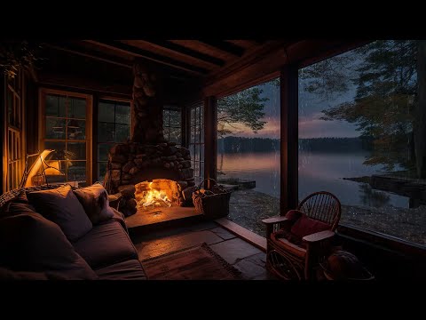 Cozy Rain on Lakeside Ambient with Gentle Rain falling and Relaxing Fireplace to Meditation &amp; Sleep