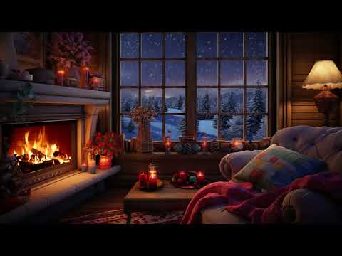 Fireside Bliss | Relaxing Fireplace Sounds in a Cozy Room with Snow Falling Outside