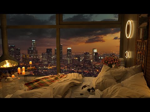 4K Cozy Bedroom With A Night View Of Los Angeles - Smooth Piano Jazz Music for Relaxing, Chilling