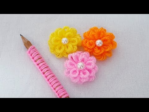 Hand Embroidery Amazing Trick - Easy Woolen Flower Making Ideas with Pencil - DIY Wool Flower Design