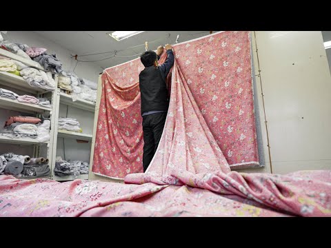 Process of Making Fluffy Bedding. Cotton Duvet Factory in Korea