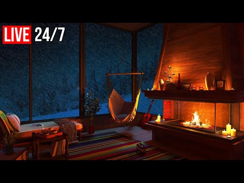 🔴 Relaxing Blizzard for Sleep, Relax, Study | Snowstorm Sounds with Fireplace Crackling - Live 24/7