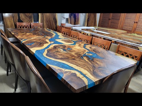 Blue Epoxy Resin Timber Dining Table/ Boardroom Table. L300cm x W120cm x H75cm.