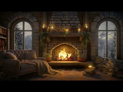 Winter Cozy Room in Snowy day ❄️ Fireplace Sounds in Cozy Cabin 🔥 Gentle Jazz for Relax &amp; Sleep