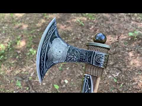 Handmade etched steel fantasy axe, original artwork on metal blade