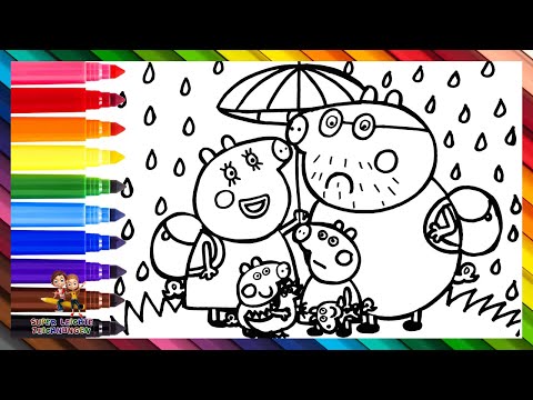 Zeichnen und Kolorieren von Peppa Pig und ihrer Familie im Regen 🐷☔🎒🌈 Kinderzeichnungen