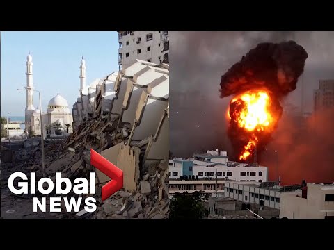 Buildings collapse as Israel carries out hundreds of airstrikes in Gaza