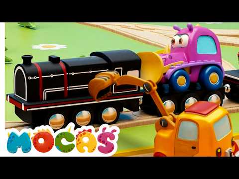 Full episodes of Mocas Little Monster cars cartoons for kids. Toy trains for kids. Wooden railway.