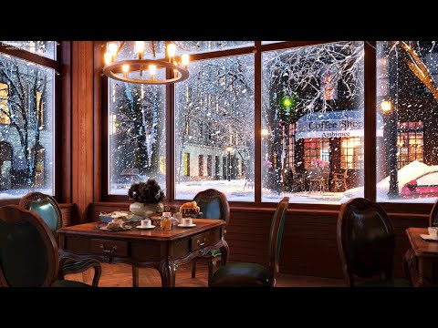 Snow Night on Window at Coffee Shop Ambience with Relaxing Smooth Jazz Music and Snow Falling