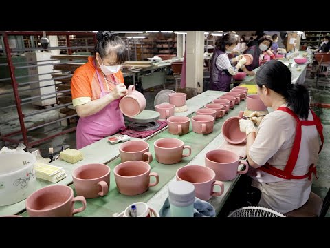 Process of Making Huge Ceramic Mugs. Earthenware Factory in Korea