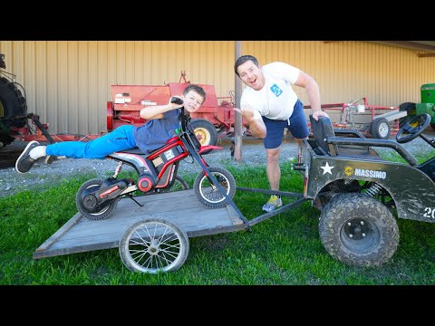 Hudson Hauls Kids Motorcycle with Army Truck | Tractors for kids