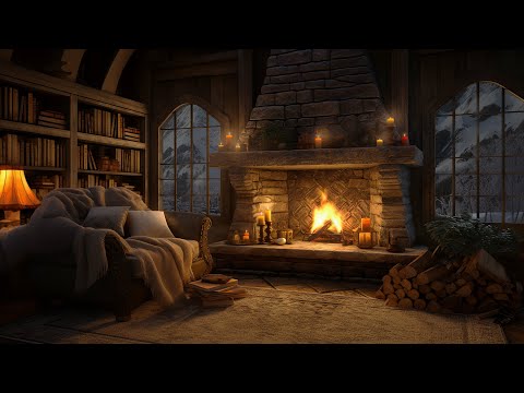 Hello winter ⛄ Cozy Cabin Ambience with Fireplace Sounds, Blizzard &amp; Jazz for Relaxation 🔥