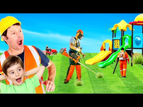 Lawn mower, weed wacker, leaf blower, blippi toys and trucks for Kids Video | min min playtime