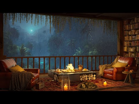 Cozy Reading Nook on Balcony with Smooth Jazz Music | Rain &amp; Fireplace Sounds for Relaxing, Sleeping