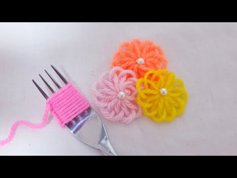 Super Easy Woolen Flower Making for Beginners - Hand Embroidery Amazing Trick - Wool Thread Design