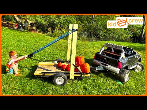 Flying pumpkin delivery with ride on truck and trailer. Educational pumpkin chunking | Kid Crew