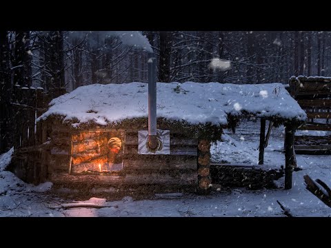 Strong winds and snowfall in Dugout shelter, Experimentation and wood carving, solo bushcraft