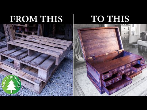 Steampunk Apothecary Chest Coffee Table Made From Pallet Wood and Recycled Copper.