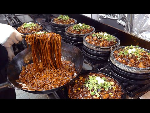 돌짜장 Amazing Seafood Black Bean Noodles on 250℃ (482℉) Hot Stone Plate - Korean street food