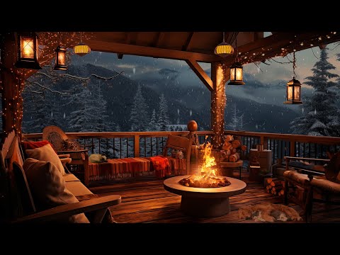 Winter Cozy Porch in Mountains with Peaceful Piano Music, Bonfire, Snow Falling &amp; Blizzard Sounds