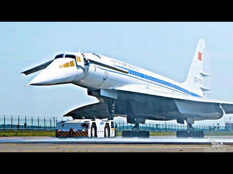 Supersonic Tu-144 outside and inside. Extends the front wings and lowers the nose.