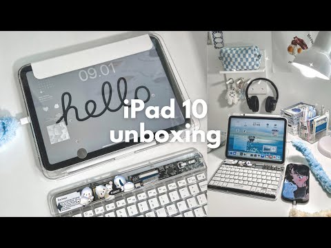 iPad 10 (silver) + accessories aesthetic unboxing  iPadOS 17 homescreen setup, cute keyboard 🤍