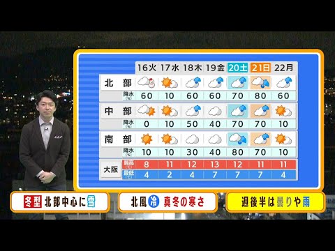 【1月16日(火)】１６日（火）は北風が冷たく厳しい寒さ続く　北部では断続的に雪か【近畿地方の天気】