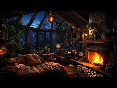 Thunderstorm with Lightnings, Rain, Crackling Fireplace &amp; Sleeping Cats in a Cozy Cabin