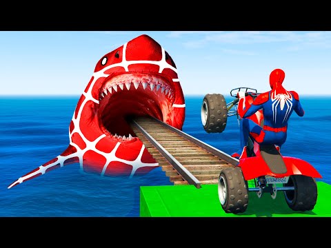 GTA 5 Crazy Ragdolls | Spiderman by Quad Bike On Rainbow Spiders Bridge (Spider Shark Jumps)