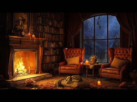 Cozy Room Ambience with Jazz Piano ⛈️ Thunderstorm, Rain, Fireplace Sounds to Reading &amp; Sleeping 4K