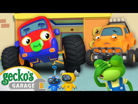 Monster Truck &amp; Baby Truck Mix up | Animal for Kids | Truck and Bus Cartoon | Gecko's Garage