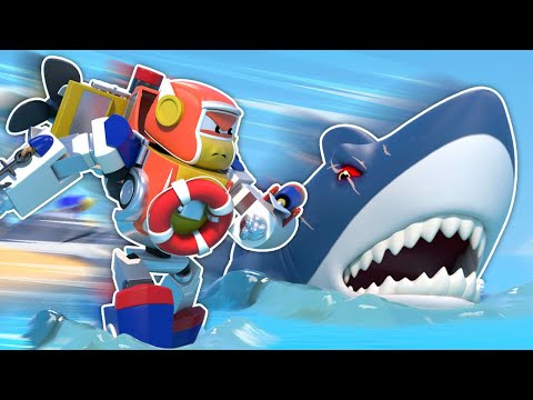 🦈SHARKS ATTACK!🦈 Super ROBOT BOAT to the rescue! - Robot Transformation Cartoons for Kids